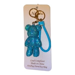 💙🔹️ Natasha🔹️ Blue Bling Bear Figure Faux Leather Strap Keychain Bag Charm